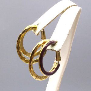 Vintage Enamel Double Hoop Earrings, Hammered Gold Tone and Plum Purple